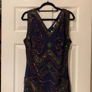 Navy blue flapper dress with green and red sequin details